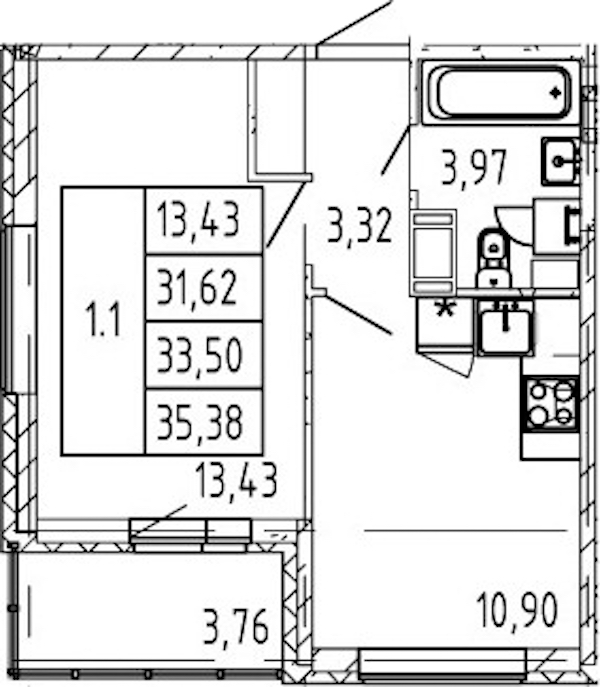 1-комнатная квартира 31.62 м², 12/12 эт., ЖК «Полис ЛАВрики»